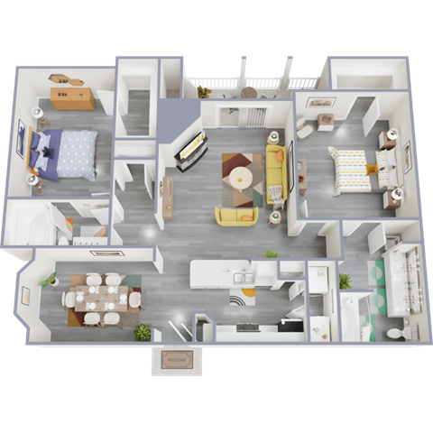 a 3d floor plan of a 3 bedroom apartment